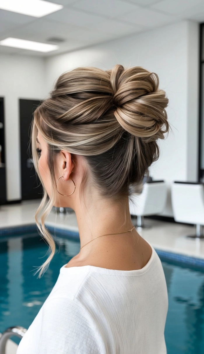 Swimming pool hair transforming into wavy beach look with salt spray