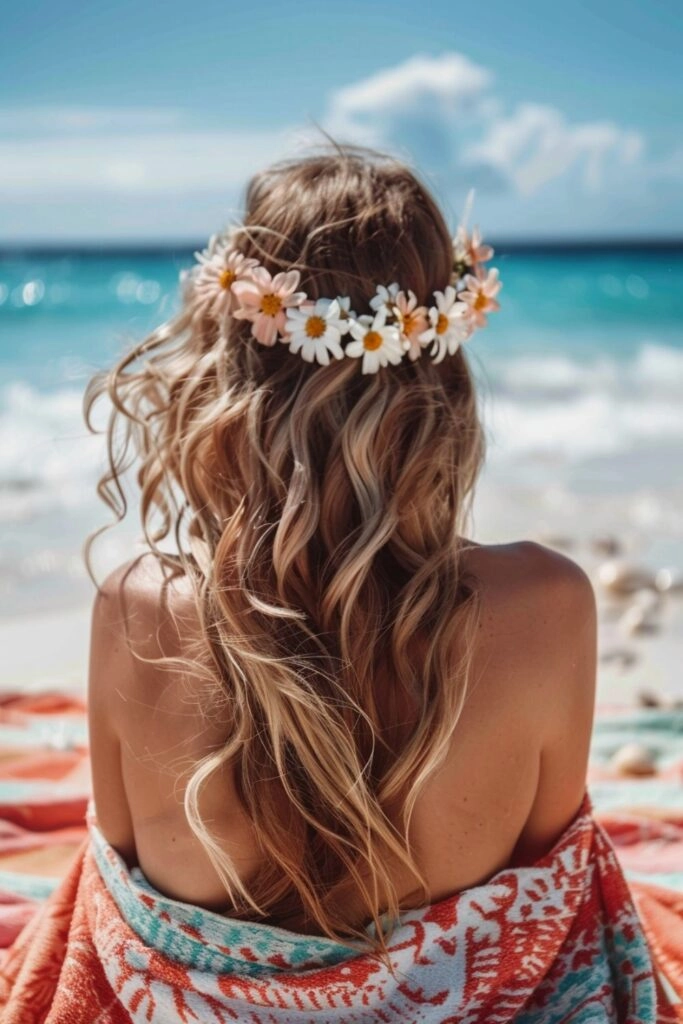 Redhead woman with tousled beach waves and sun-kissed hair