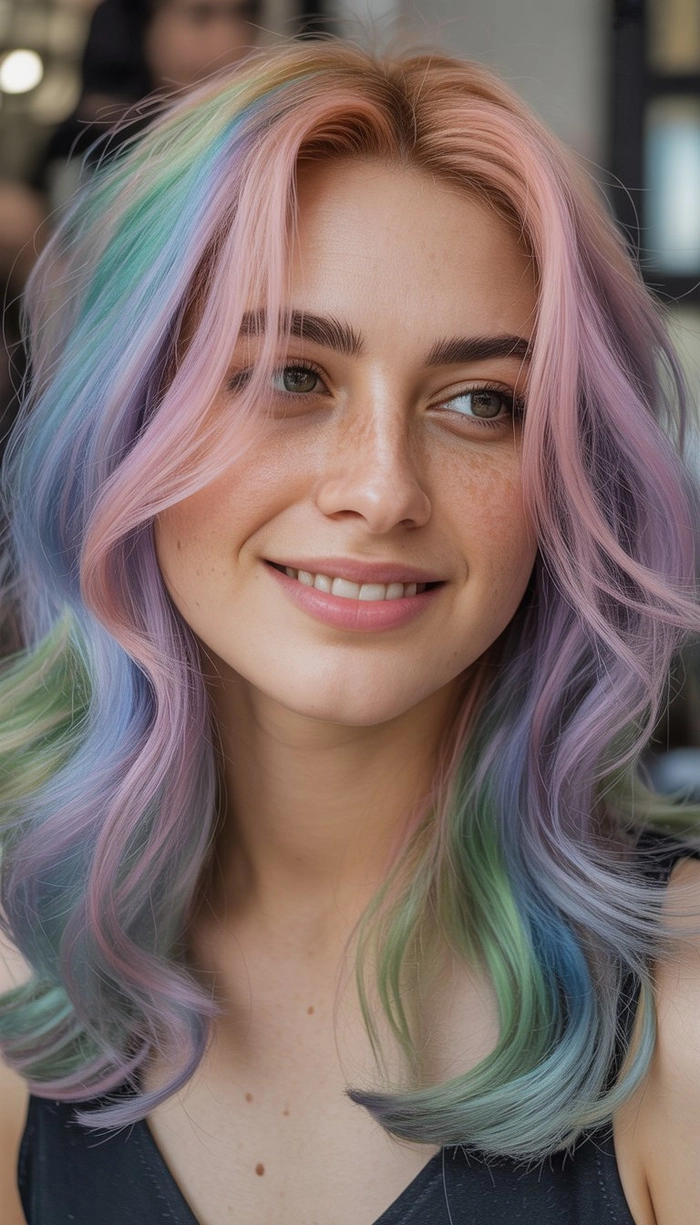 Woman with pastel lavender hair in a beachy braid overlooking the ocean