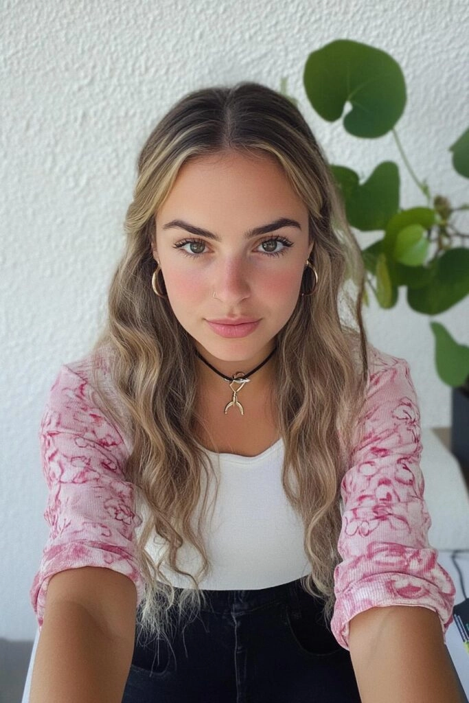 Woman with sun kissed blonde highlights and beach waves hairstyle smiling at the beach