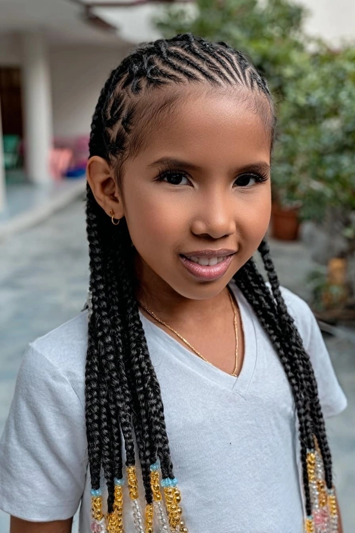 Braided beach hairstyle for a little girl Little girl with braids enjoying beach waves