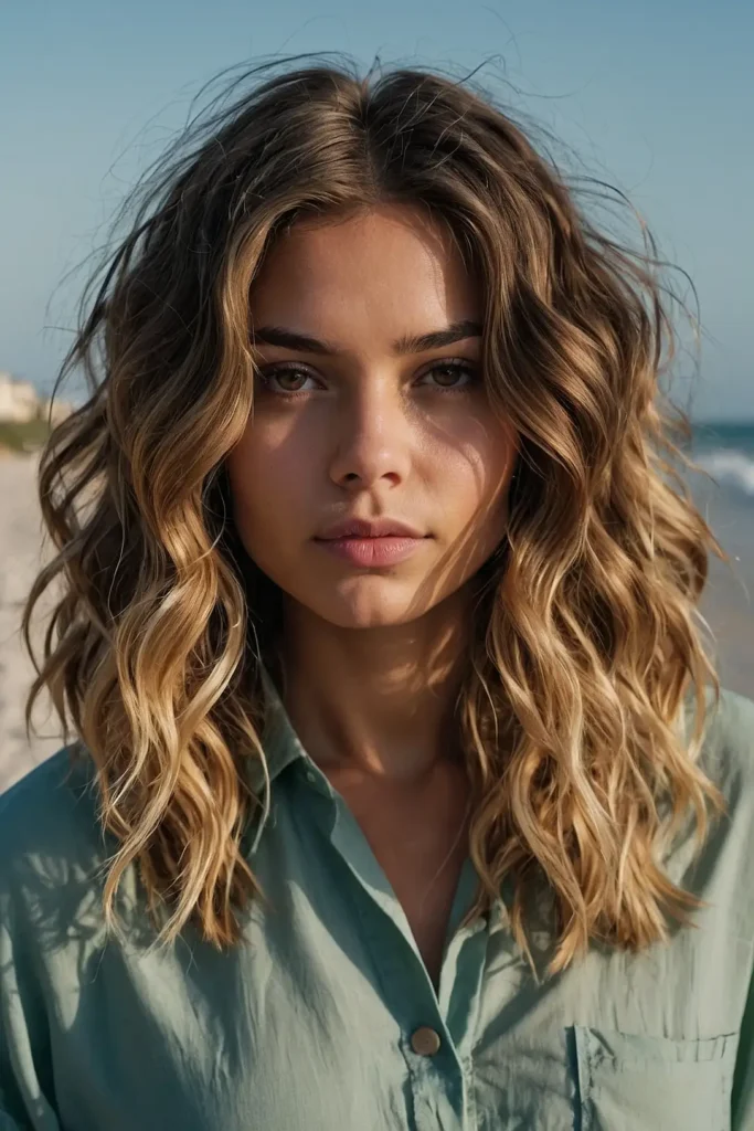 Modern lob haircut with soft beach waves and a tousled texture