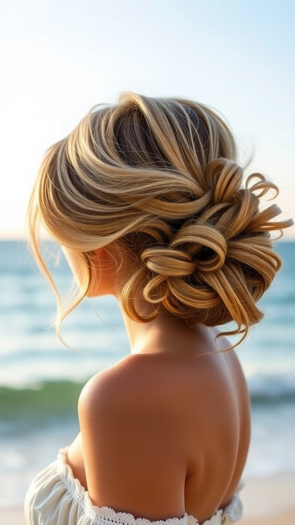 Elegant long beach hair updo with loose waves and a braided twist