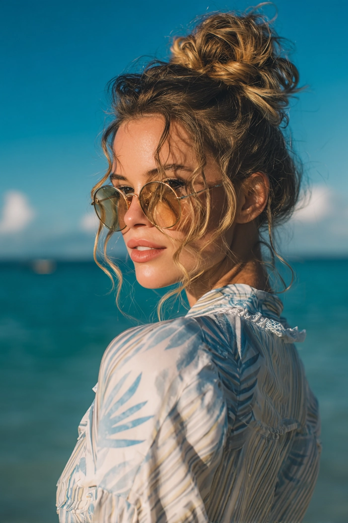Elegant long beach hair updo with soft waves and a braided accent