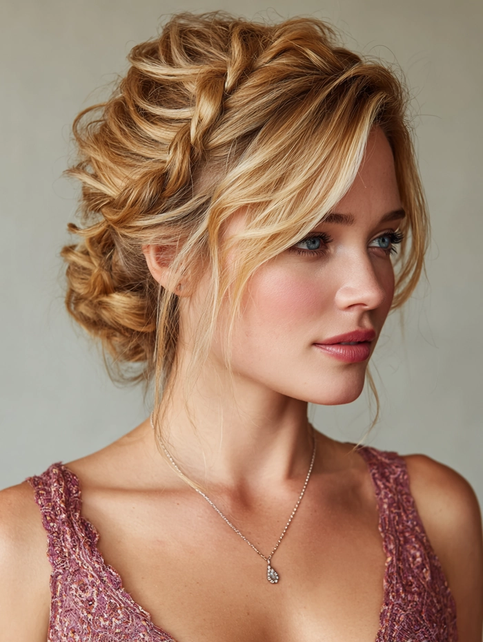 Elegant long beach hair updo with soft waves and a floral accent