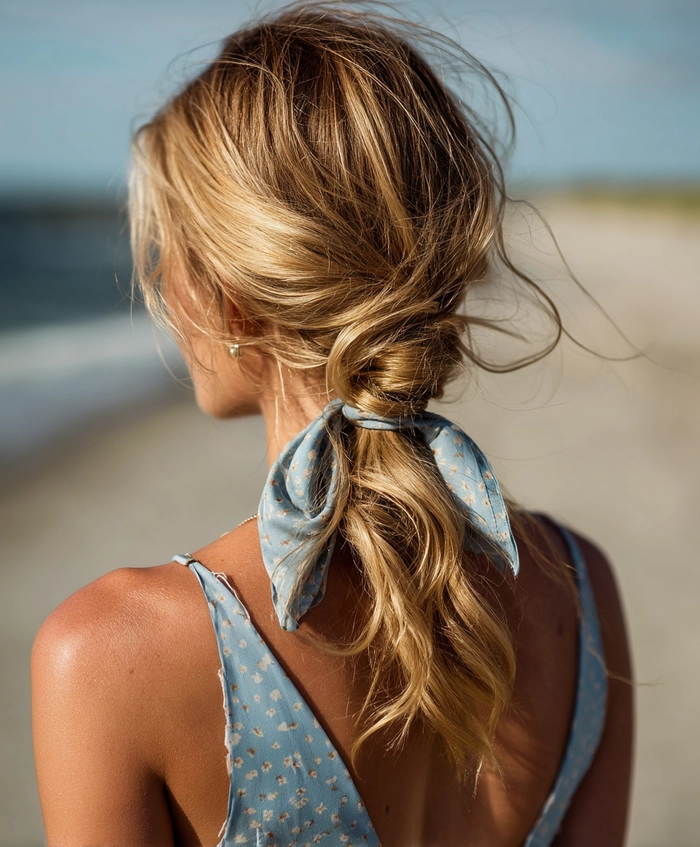 Simple low beach ponytail with soft waves and a relaxed vibe