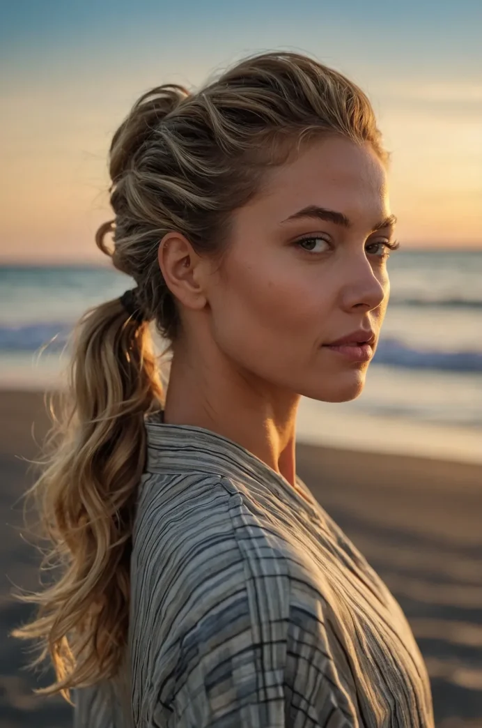 A low beach ponytail hairstyle with tousled waves