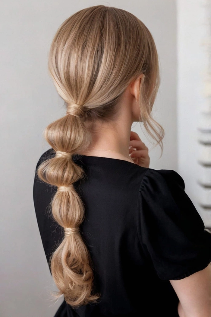 Woman with a low beach ponytail, soft waves framing her face