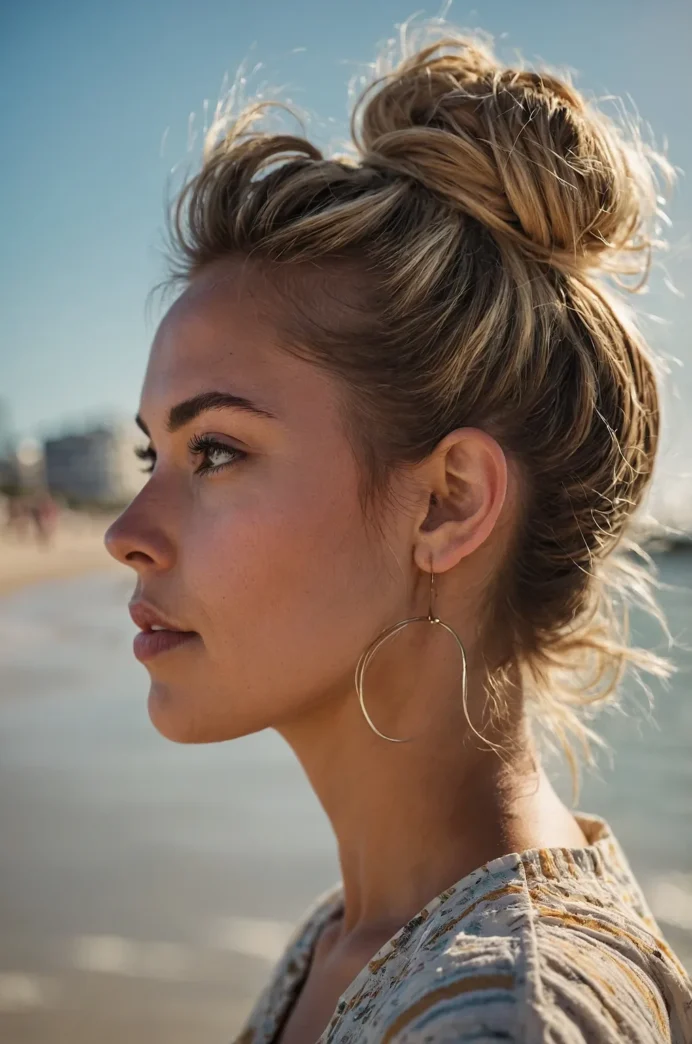 Effortless messy beach bun hairstyle with tousled waves and sea salt texture