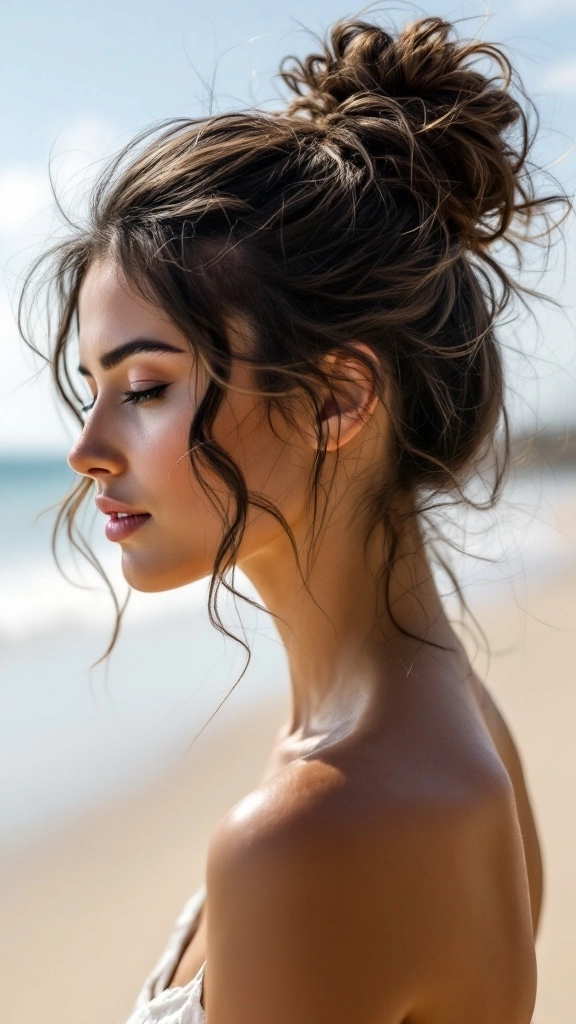 Messy beach bun hairstyle inspiration with tousled waves and natural texture