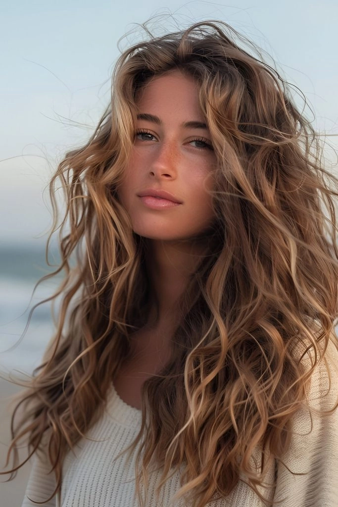Effortless minimalist beach hair concept with wind-swept waves and soft shine Sleek minimalist beach waves styled with natural texture and subtle salt spray