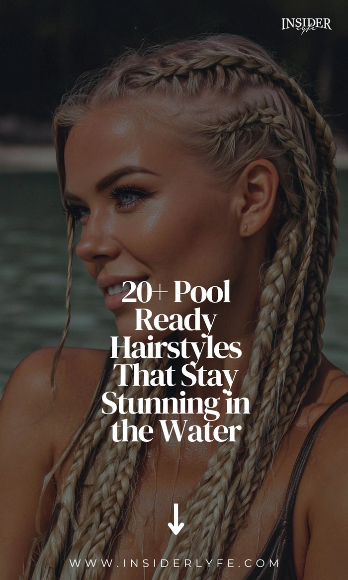 Woman transitioning her hair from a swimming pool to the beach, adjusting her damp waves
