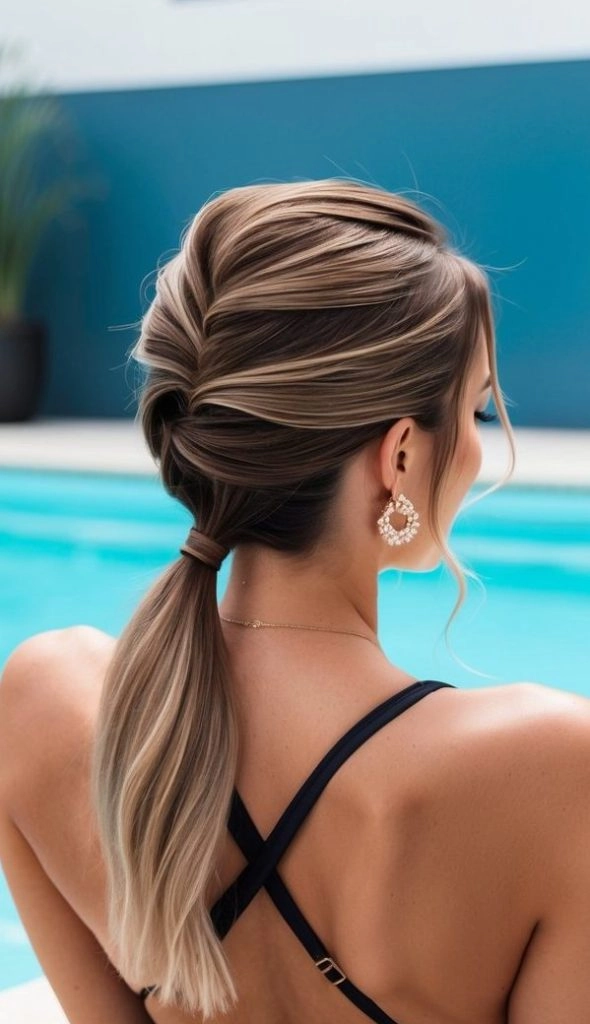 Woman transitioning from swimming pool to beach with wet hair styled into beach waves