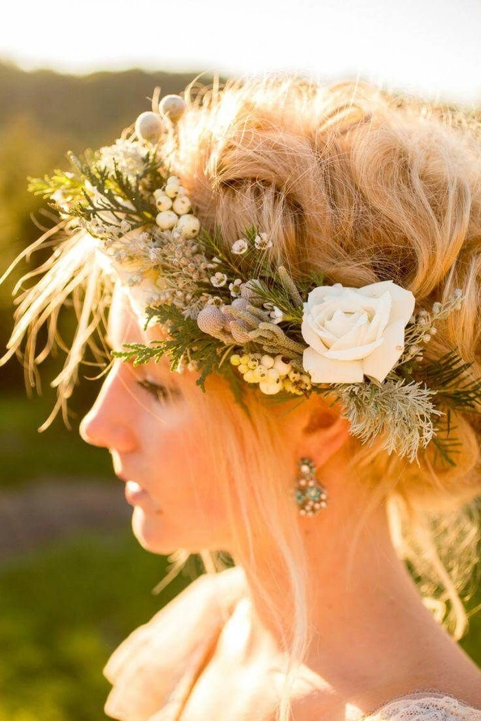 Romantic beach hair adorned with fresh flowers