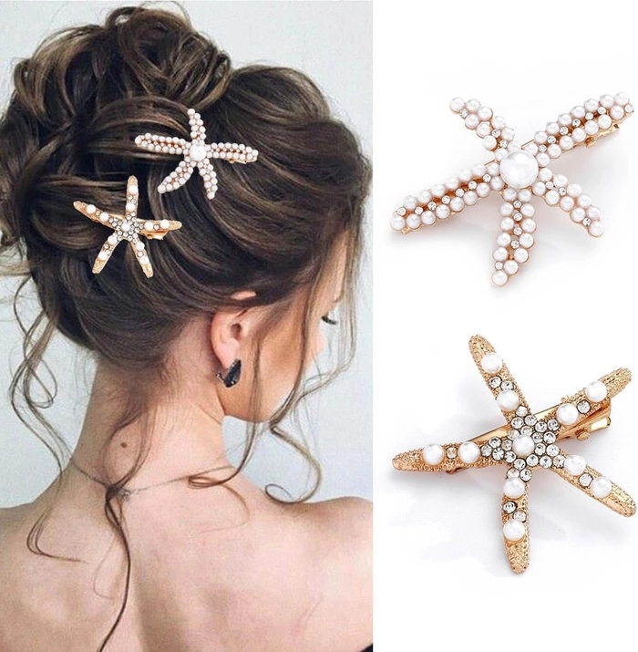Starfish hair clips for a charming beach look Starfish hair clips decorating a relaxed beach hairstyle