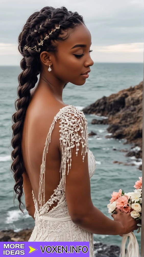 Elegant updo with wispy tendrils for a sunset beach dinner
