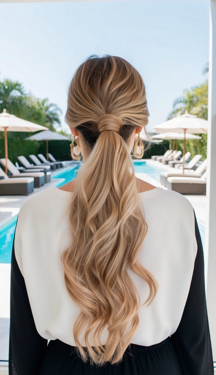 Woman transitioning her hair from swimming pool to beach style