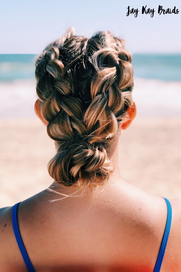 Hair transitioning from swimming pool to beach with soft waves and salt spray texture