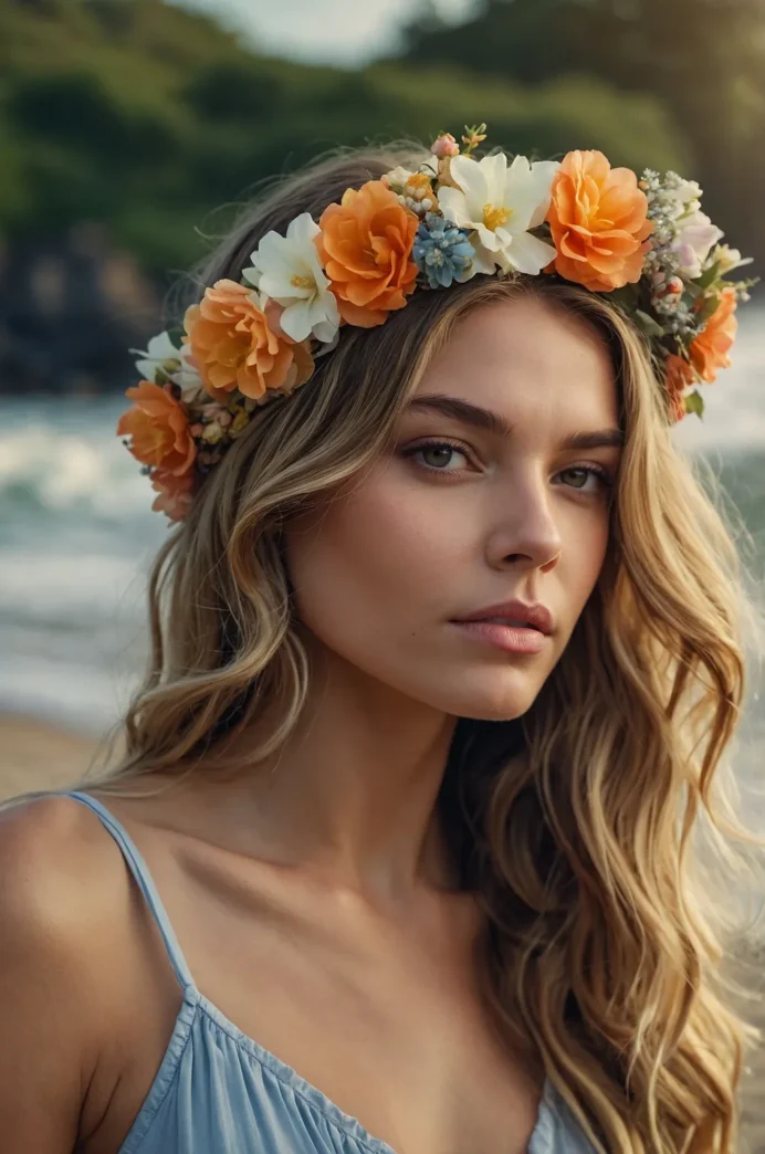 Teen girl with long beach wave hairstyle smiling at coastal sunset