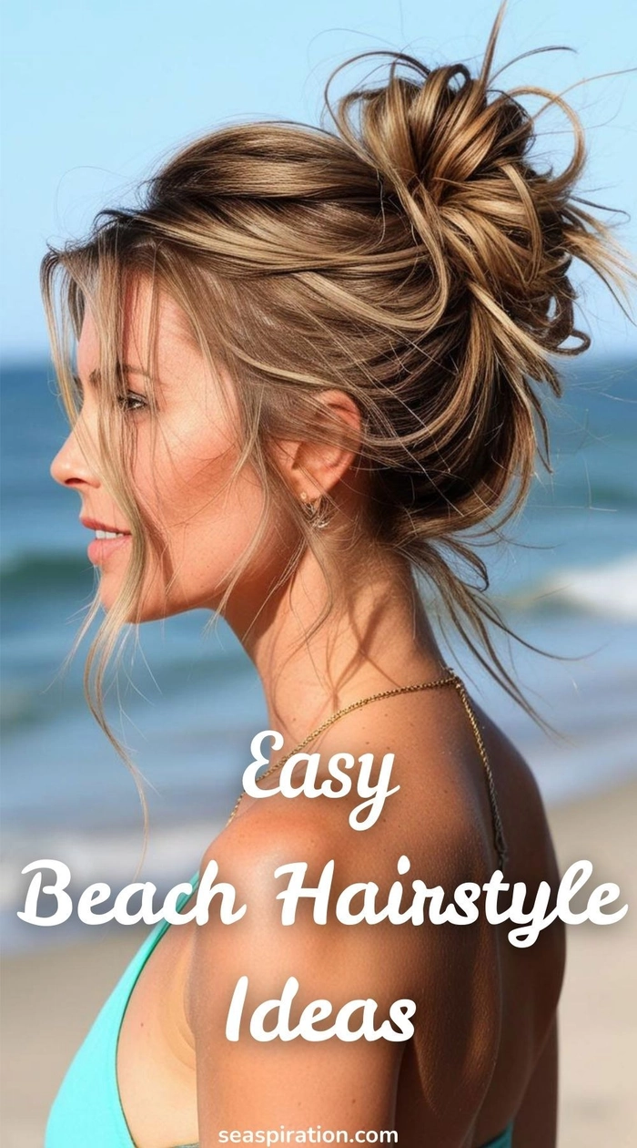 Thick hair swept into a beach updo with soft, tousled texture and a braided accent