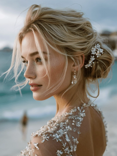 Effortless beach updo for thick hair with braided details and soft waves