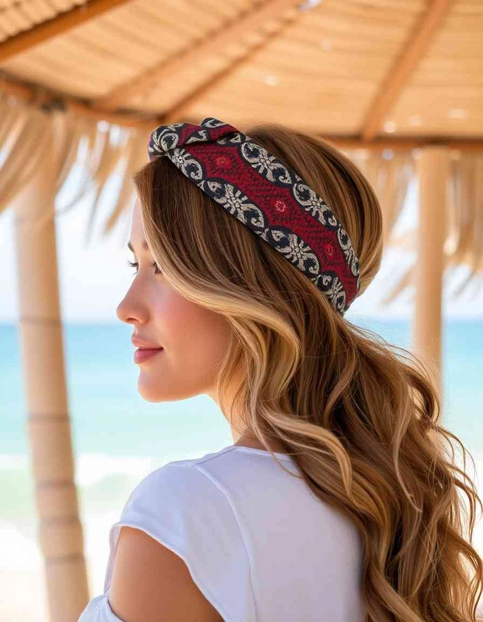 Protective hairstyle for tropical vacation with sea salt spray and braids Woman with beachy waves and a floral hair clip enjoying a tropical vacation by the ocean