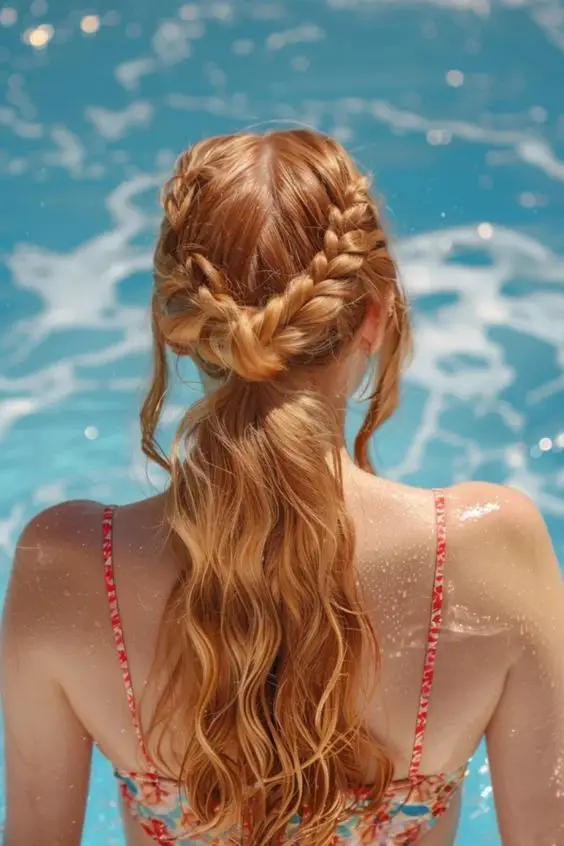 Easy tropical vacation hair routine with braided crown and salt spray waves Woman with beach waves and braided crown on tropical vacation