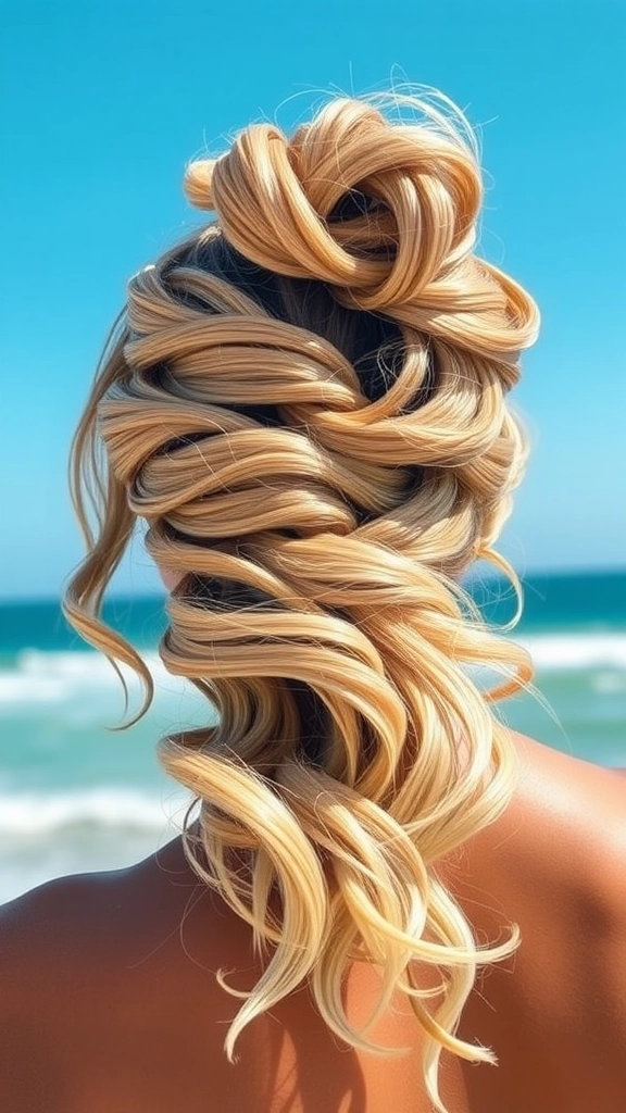 Elegant twisted beach updo hairstyle for a casual seaside look Twisted beach updo concept featuring braided twists and beachy texture