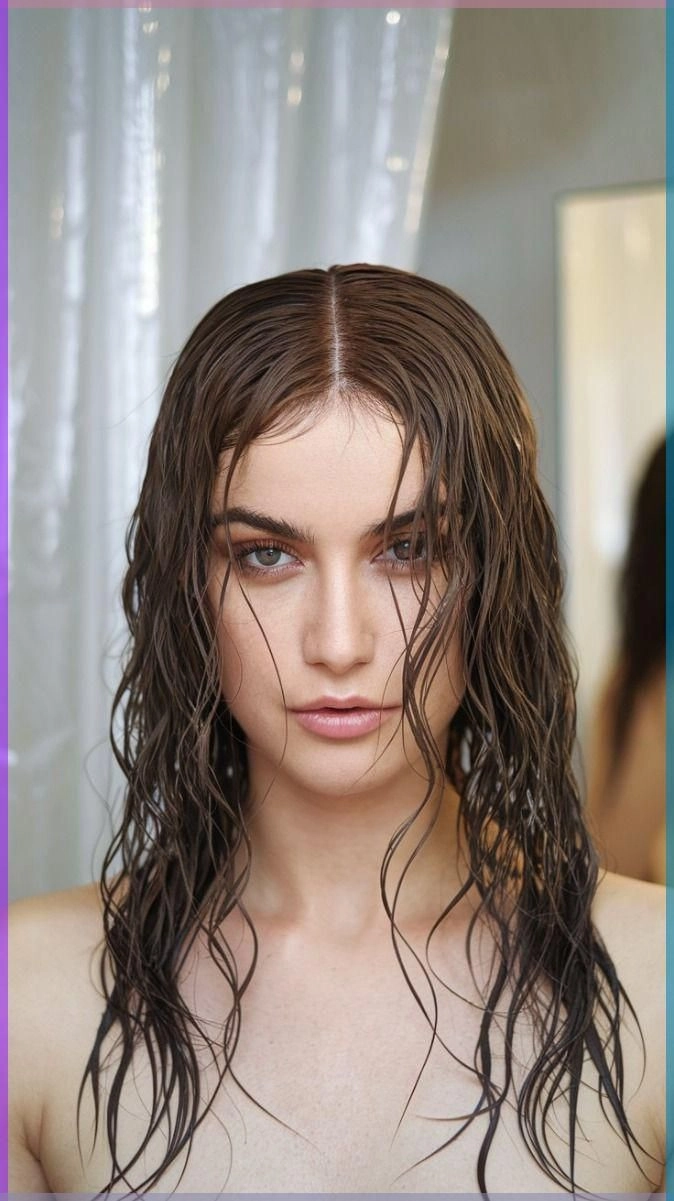 Wet look beach hair with glossy texture and loose waves