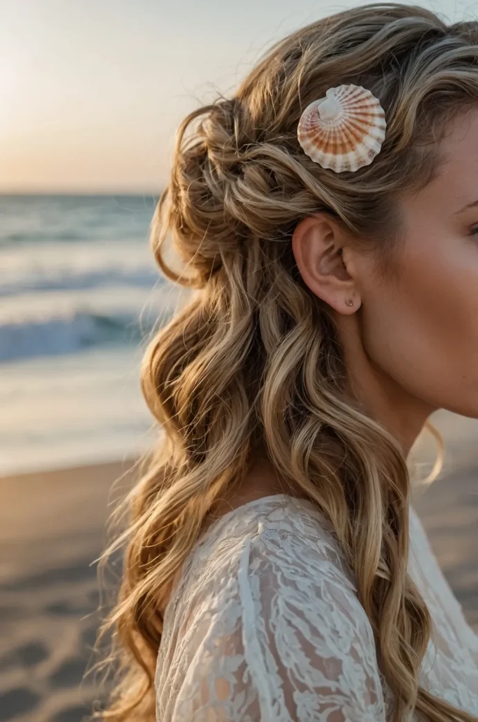 Woman with windproof beach hairstyle featuring braids and pins to stay secure in strong coastal winds