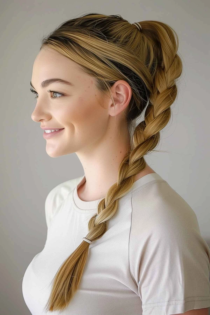 Gym-Ready Casual Ponytail Variation Active woman wearing a casual ponytail variation during gym workout