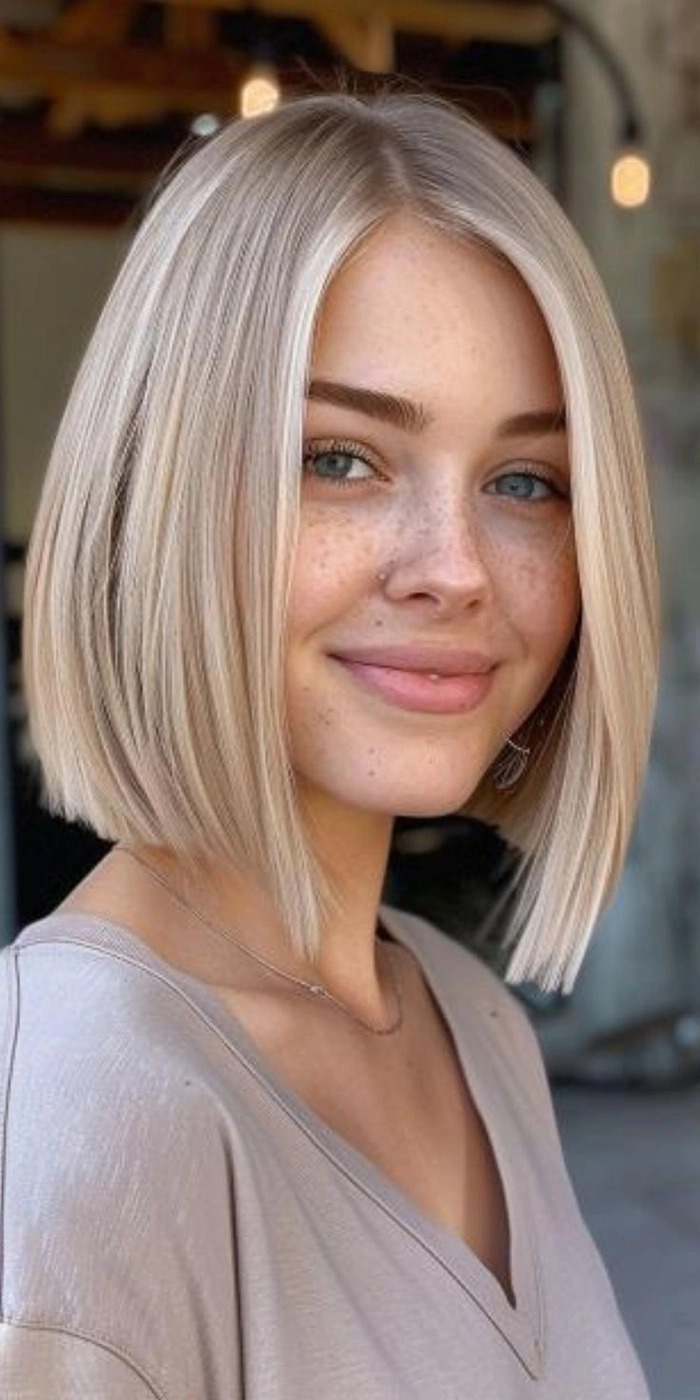 Woman with blunt bob haircut, hair tucked behind ears in a casual style