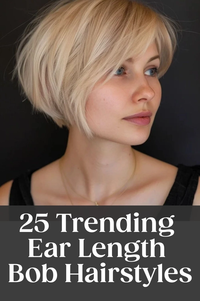 Blunt bob with hair neatly tucked behind ears for an effortless casual style