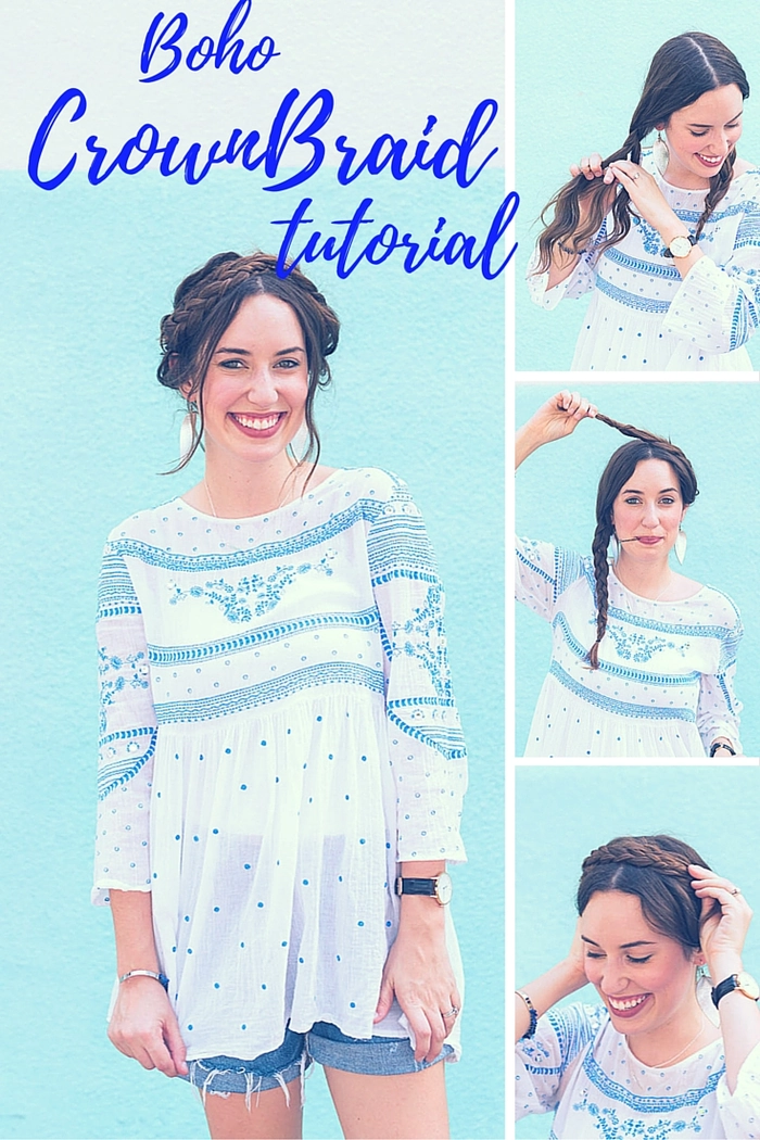 Bohemian casual hairstyle featuring a simple crown braid with loose waves