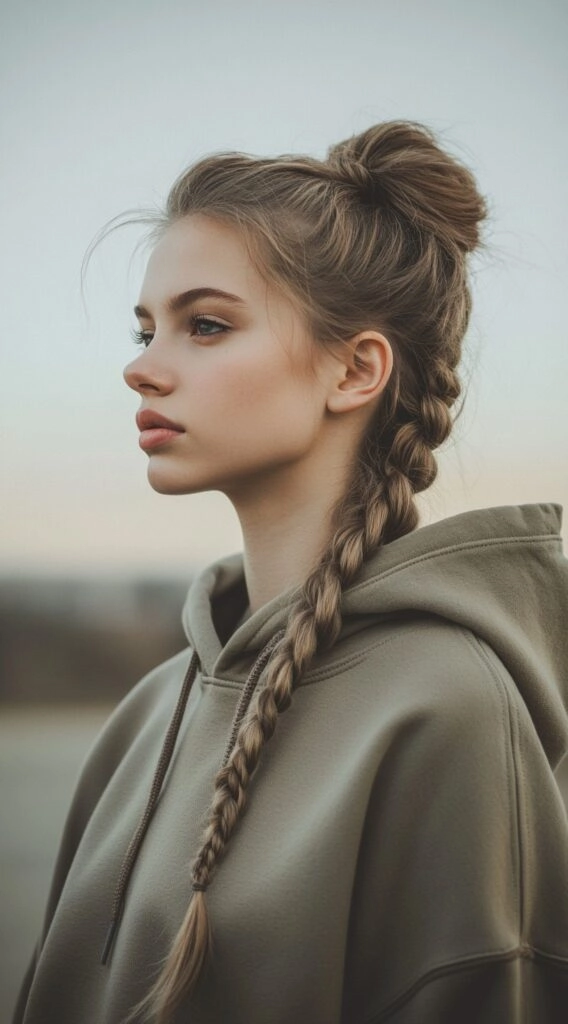 Everyday braid and bun combo for thick heavy hair, a simple casual updo