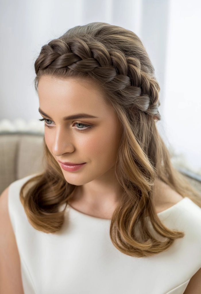 Casual braided crown ideas for casual weddings hairstyle inspiration image 12 Elegant casual braided crown hairstyle perfect for laid-back wedding looks