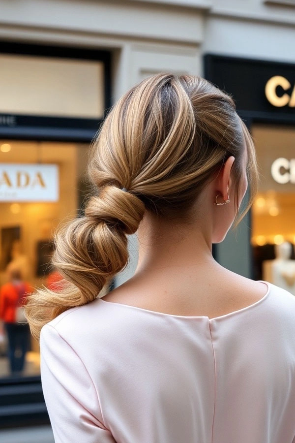 casual bubble braid ponytail hairstyle on long hair with loose strands