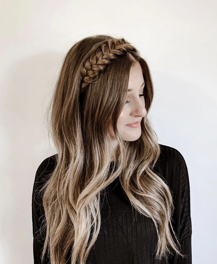 Casual braided headband hairstyle on long straight hair for an effortless everyday look