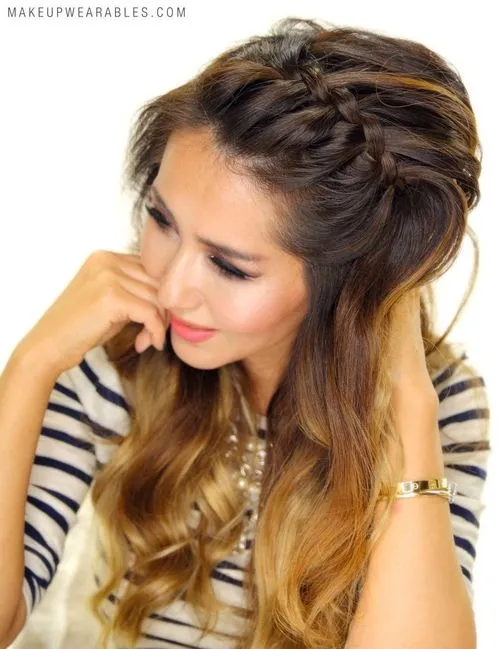 Casual braided headband hairstyle on long straight hair in a relaxed setting