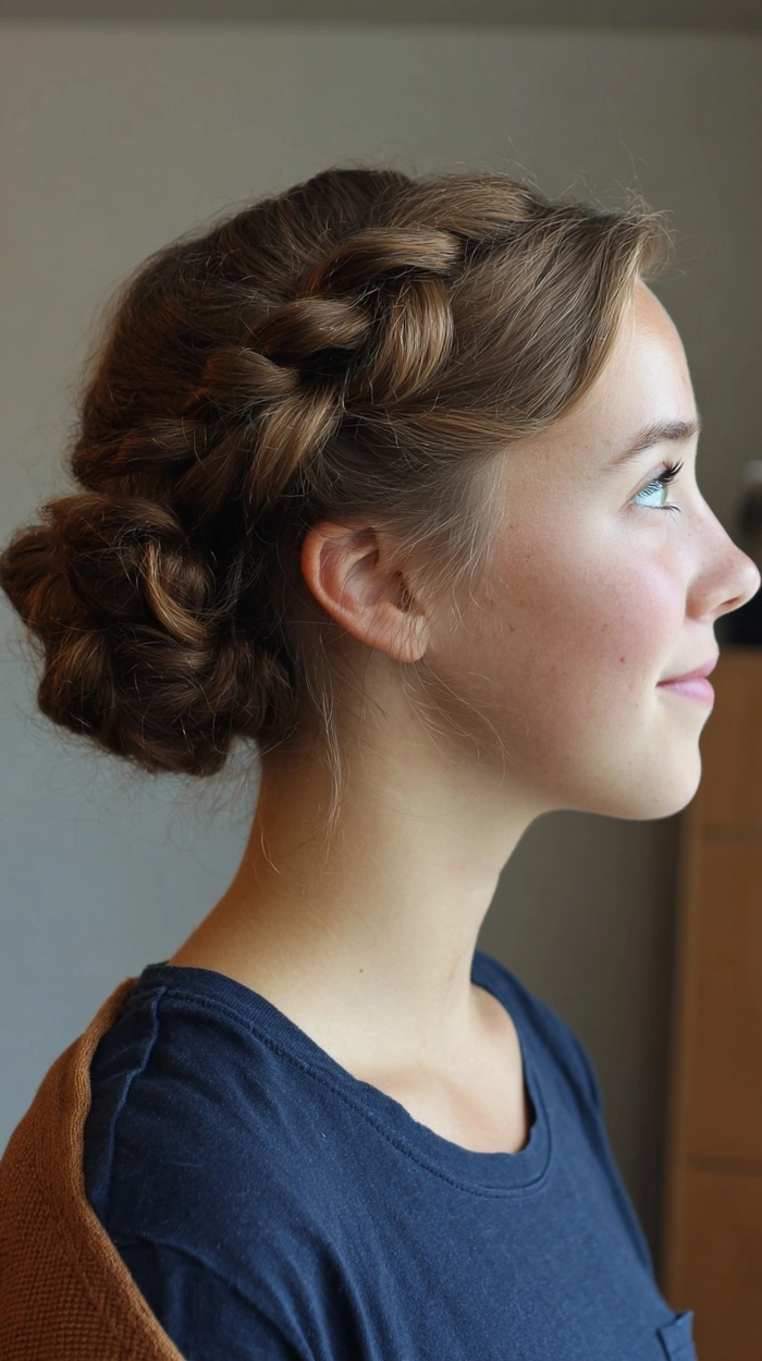 Woman with a casual braided low bun hairstyle suitable for transitioning from office to evening events