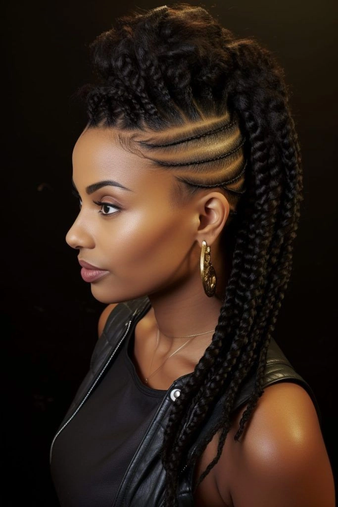 Braided mohawk hairstyle idea for casual streetwear fashion A casual braided mohawk hairstyle with an edgy everyday streetwear vibe
