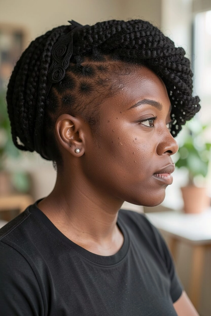 Edgy braided mohawk hairstyle perfect for casual everyday streetwear fashion Woman with a casual braided mohawk and edgy streetwear outfit, including a leather jacket and combat boots