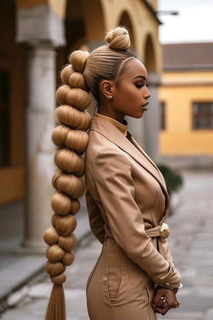 Casual bubble braid ponytail hairstyle on long brunette hair with loose strands