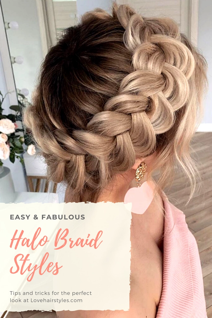 casual halo braid hairstyle perfect for summer vacations with loose strands