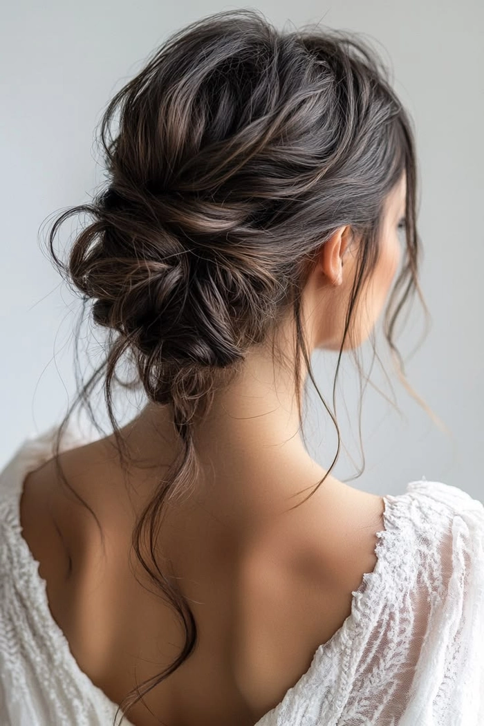 Casual messy bun style on long brunette hair with loose strands