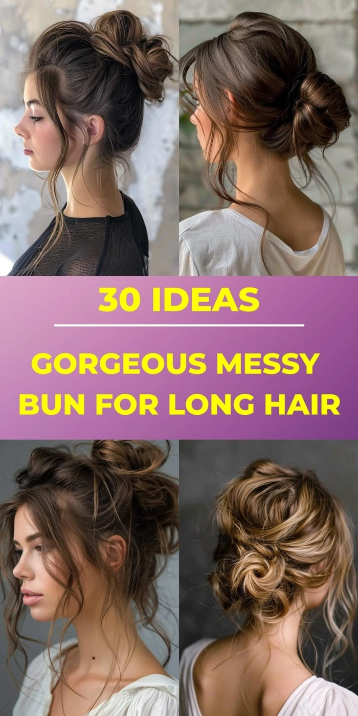 Casual messy bun style on long hair with loose strands framing the face