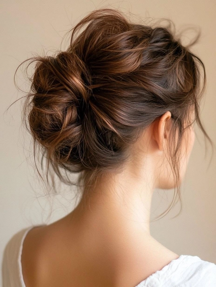 Casual messy bun hairstyle for long hair with loose strands framing the face