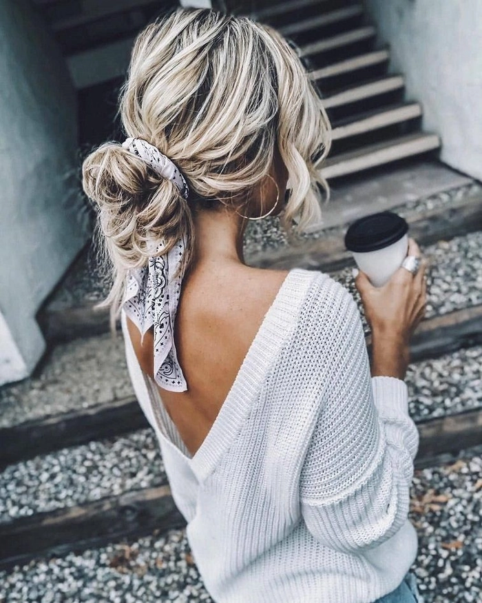 Casual scarf hairstyle wrapping hair gently to protect against winter cold