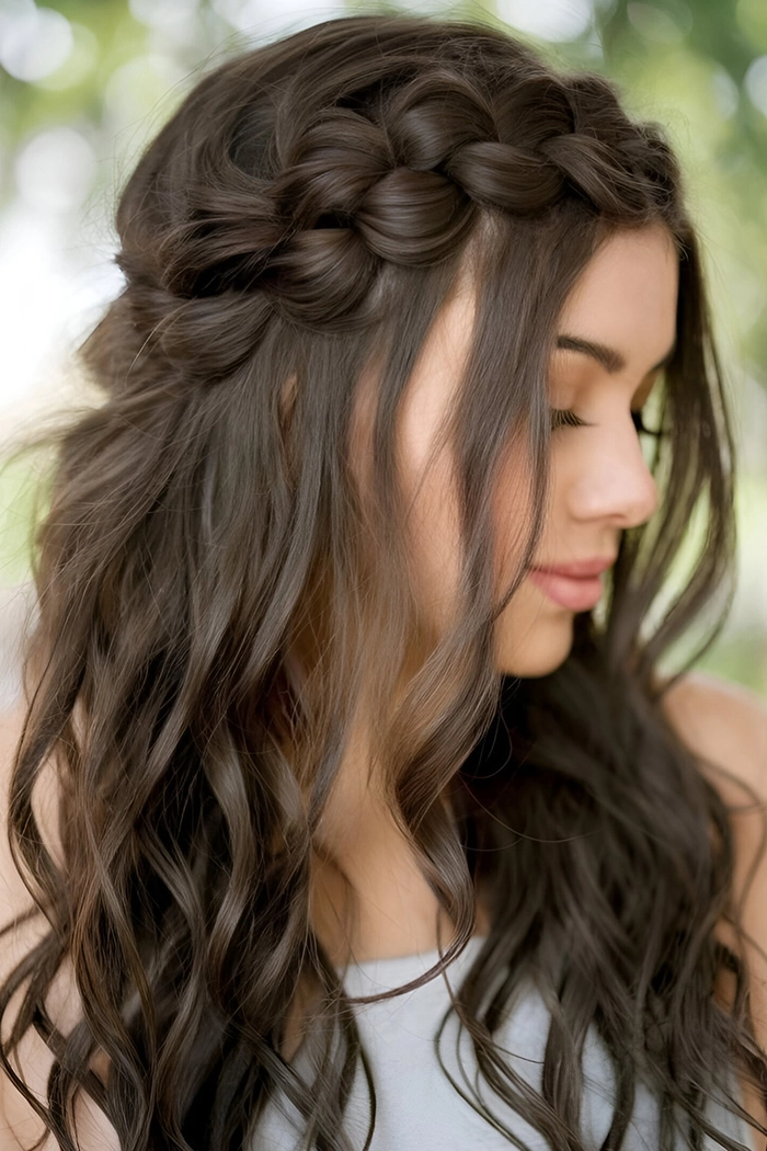 casual twisted crown hairstyle to keep hair off neck on a sunny summer day