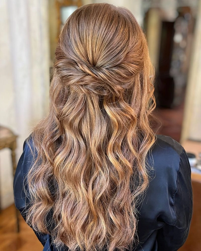 Casual twisted half up hairstyle on thin hair with loose waves